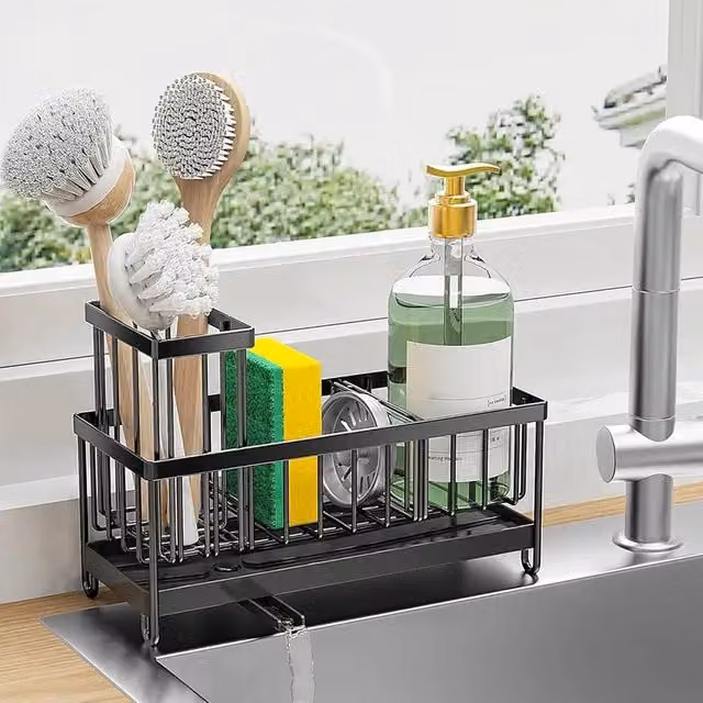 VOGREX Black Carbon Steel Kitchen Sink Sponge Holder Caddy Rack in Black – 1