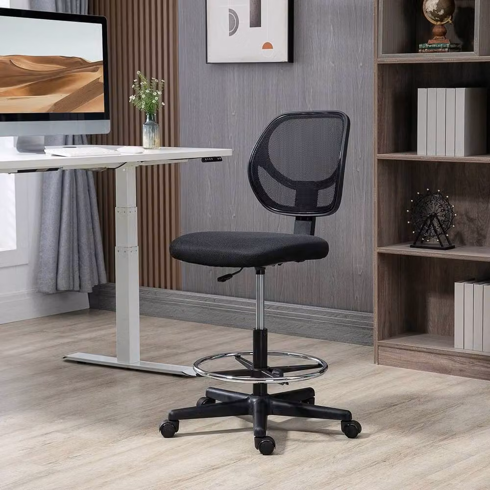 FORGEVIO Black Fabric Draughtsman Swivel Office Chair with Foot Ring and Castors – 5