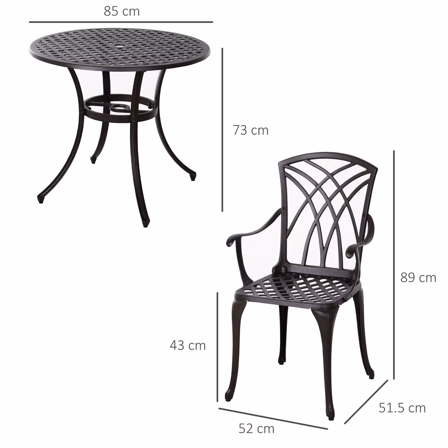 Outsunny 4-Seater Cast Aluminium Garden Dining Set with Round Table and Chairs in Brown – 3