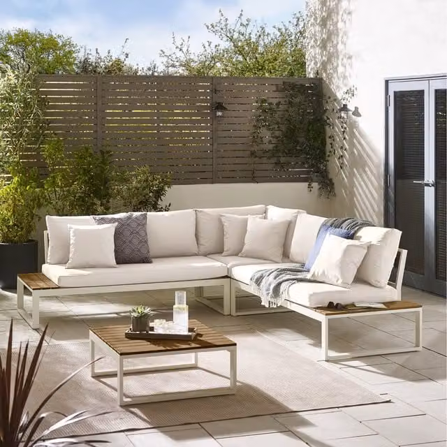 Furniturebox Dubai Metal and Wood 6 Seat Garden Corner Sofa and Table Set in Cream