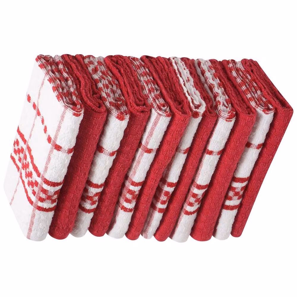 K Collection Checked Cotton Terry Tea Towel Set, Red, Pack of 12 – 2