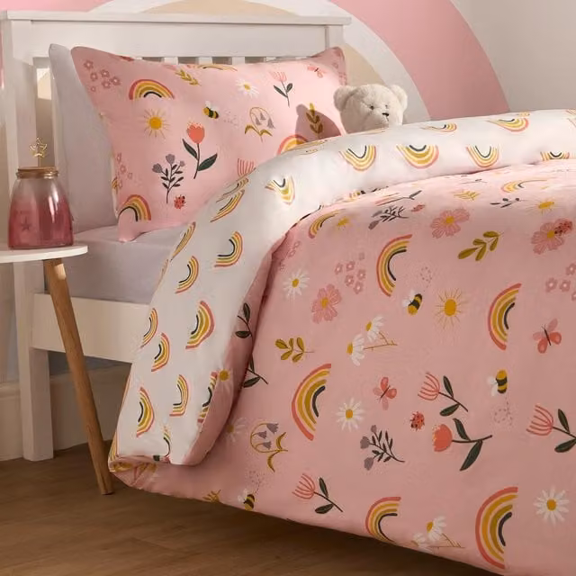 OHS Reversible Floral Duvet Cover and Pillowcase Set in Pink and White, W: 140 cm, H: 200 cm