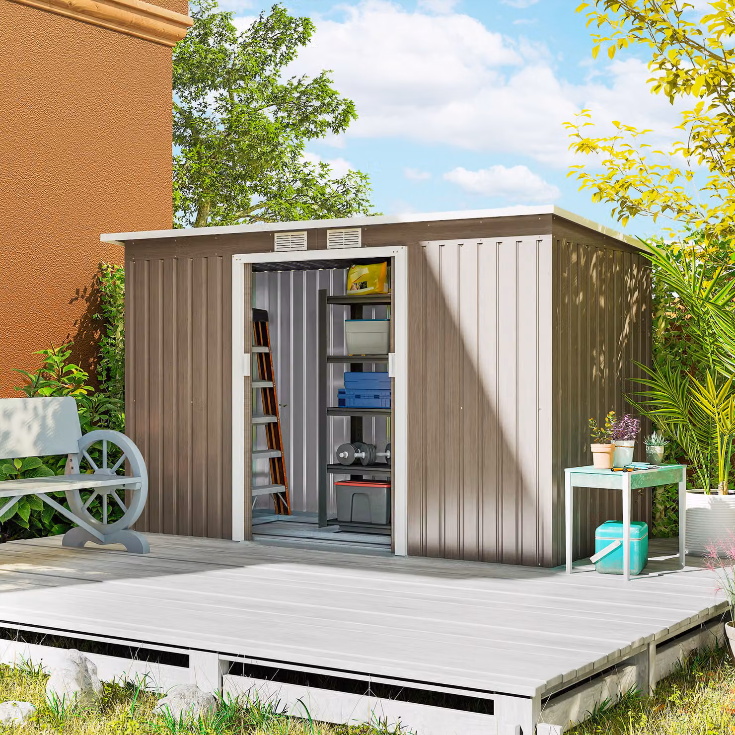 Outsunny Metal Garden Shed with Foundation Kit and Sliding Doors, Light Grey – 2