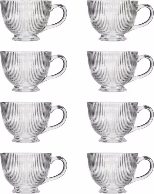Dibor Set of 8 Embossed Footed Glass Coffee Mugs, Clear, 400ml per mug – 1