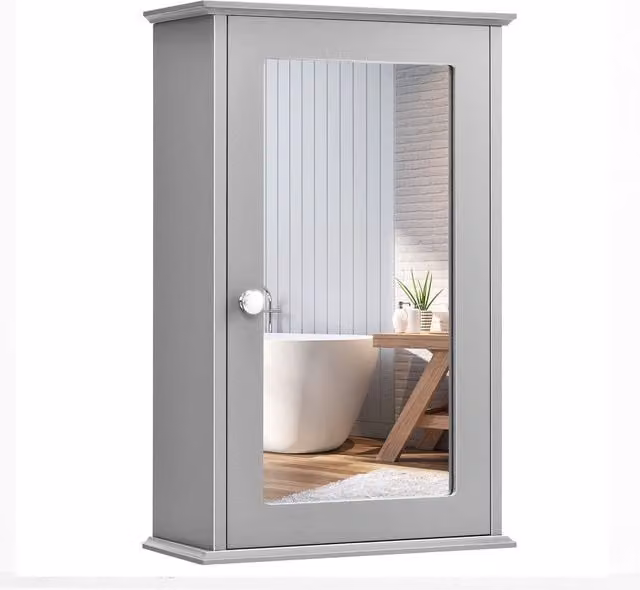 Costway Grey Wall Mounted Mirrored Bathroom Medicine Cabinet with Internal Shelves and Hinged Glass Doors – 1
