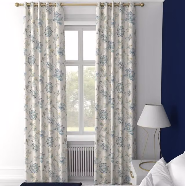 Terrys Danube Made to Measure Blackout Floral Fabric Curtain Panel in Blue and Beige with Eyelets