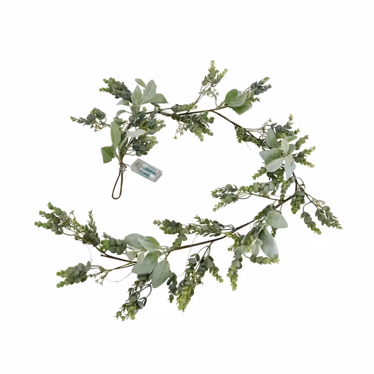 Love Lace LED Winter Garland with Green Artificial Eucalyptus and Lambs Ear Flowers