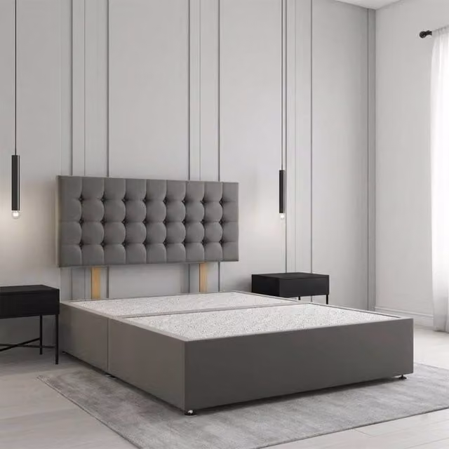 Regional Furnishings Plush Velvet Divan Bed Base with 24 Inch Headboard in Grey, Small Double, W/D/H: 120 x 200 x 30.48 cm