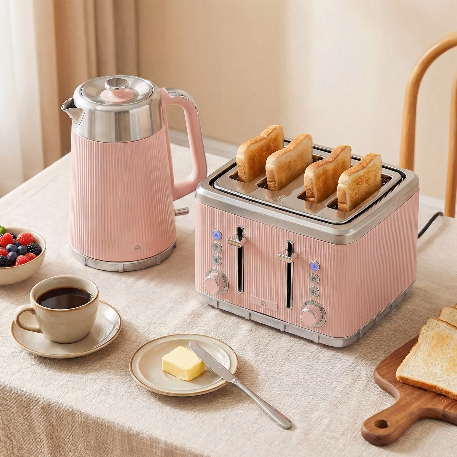 HOMCOM Electric Stainless Steel Kettle and Toaster Set in Pink and Silver with 1.7 l Capacity – 2