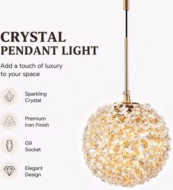 INMTFEI Gold and Black K9 Crystal Glass Sphere Pendant Light with G9 Fixture – 1