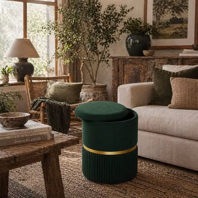 Wyld Haus Rapa Dark Green Etched Velvet Cylindrical Storage Ottoman with Gold Detail – 1