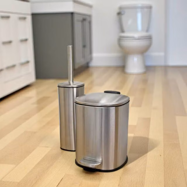 Showerdrape Capri 3L Freestanding Pedal Bin and Toilet Brush Set in Silver with Black or White Accents
