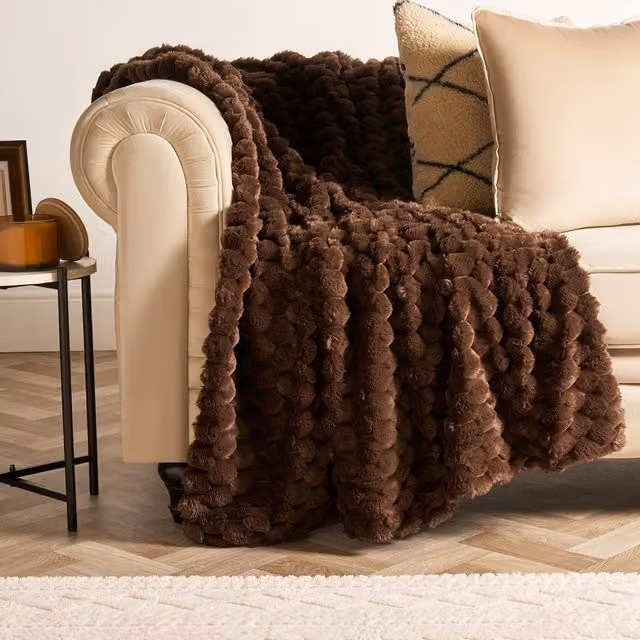 OHS Waffle Faux Fur Fleece Throw Blanket, Brown, W/D/H: 125 x 150 cm – 2