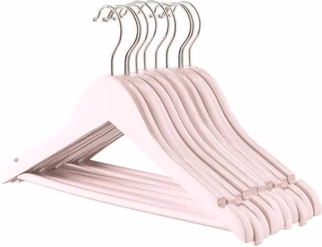 Havendro Wooden Kids Hangers with Trouser Bar, Light Pink, Pack of 10