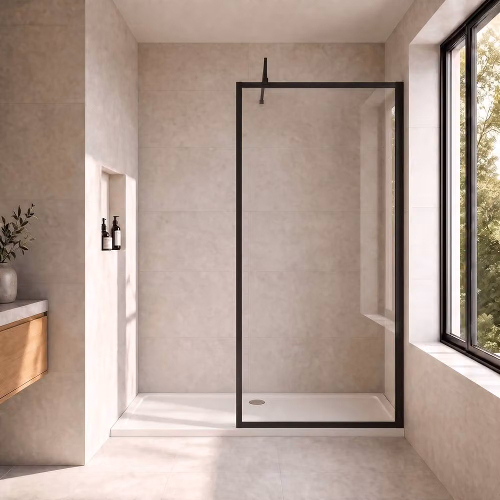 Balterley 8mm Single Panel Clear Glass Wetroom Screen and Support Bar in Black, H 185 cm x W 76 cm – 2