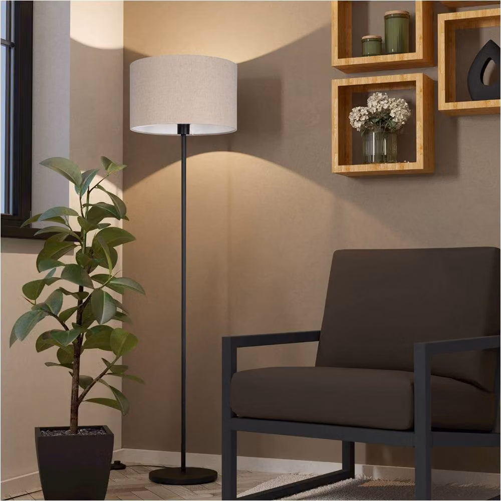 Loops Modern Black Floor Lamp with Fabric Cylinder Shade – 2