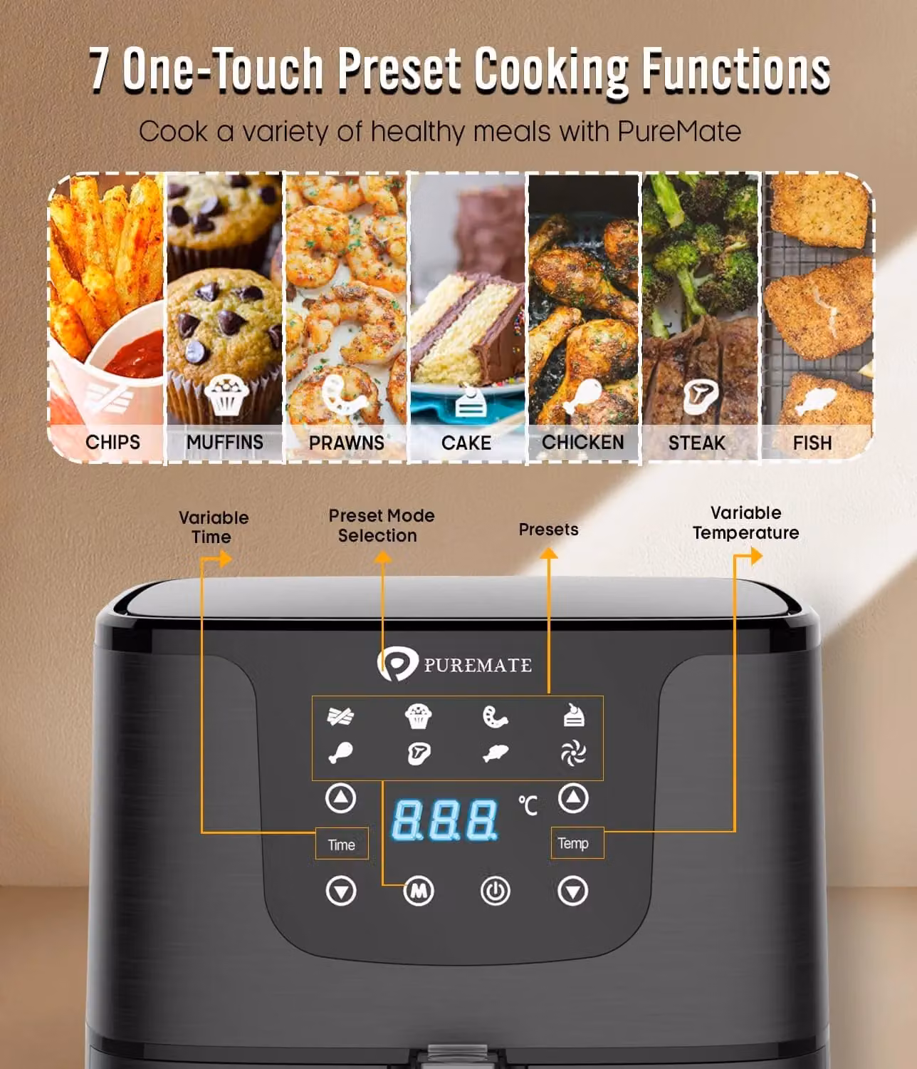 PureMate 5.5L Digital Air Fryer in Black with LED Display, Timer and Dishwasher Safe Parts – 6