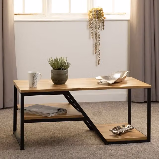 Seconique Rustic Oak and Black Geometric Coffee Table