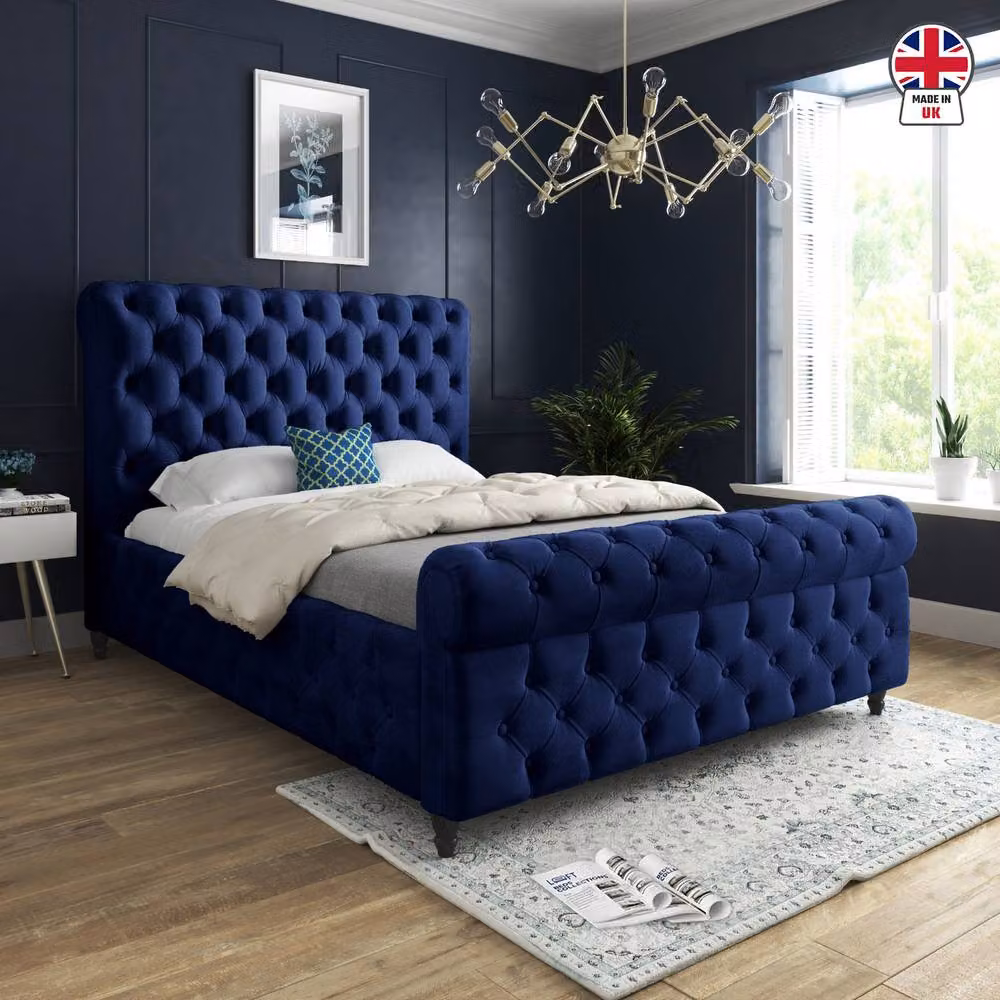 KDMD Tickencote Sleigh Upholstered Designer Bed Frame in Blue Soft Velvet, Size: King (W/D/H: 180 x 159 x 119 cm) – 3