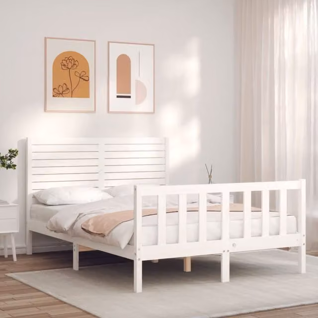 Berkfield Home White Solid Pine Wood Bed Frame with Headboard W/D/H: 140 x 200 cm – 1