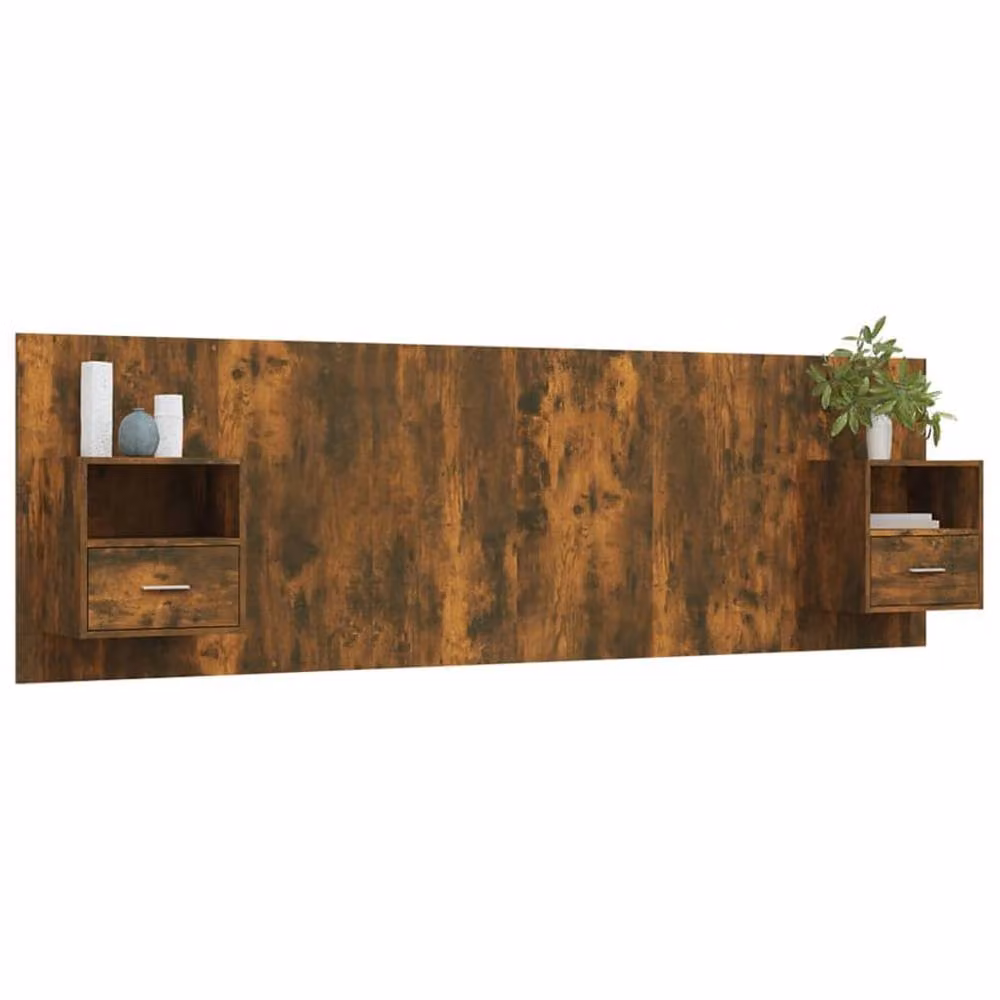 Berkfield Home Bed Headboard with Integrated Cabinets and Nightstands in Smoked Oak Brown Engineered Wood – 3