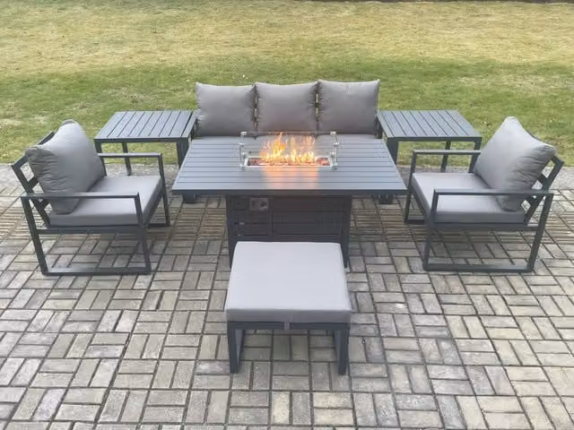 Fimous Grey Powder Coated Aluminium Outdoor Garden Furniture Set with Gas Fire Pit Dining Table, 2 Armchairs, 2 Side Tables and Large Footstool