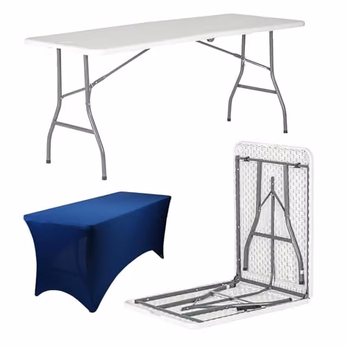 Harbour Housewares Folding Camping Picnic Table with Fitted Tablecloth, White and Blue, W: 180 cm – 1