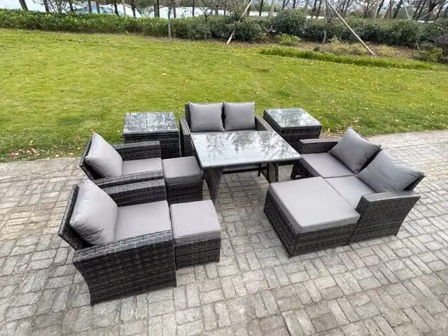 Fimous 10 Piece Wicker Rattan Garden Furniture Set with 3 Footstools in Dark Grey