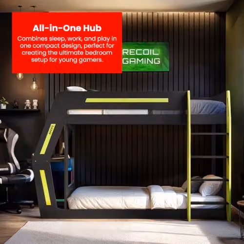 Recoil Alister Gaming Bunk Bed with Desk in Anthracite, Green and Grey, W/D/H: 190 x 90 x 237.1 cm – 3