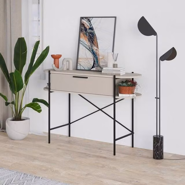 FORGEVIO Modern Multicolour Console Table with 1 Drawer, 2 Shelves and Metal X-Frame – 1