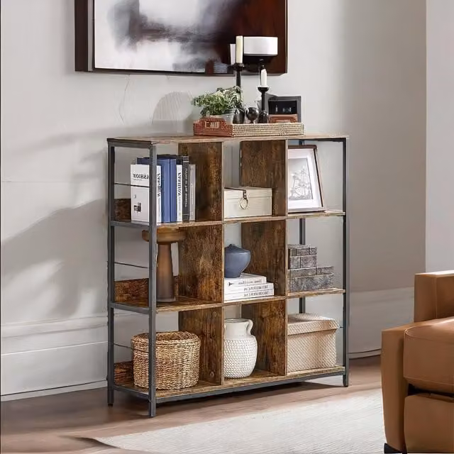 Rafaelo Mobilia 3 Tier Industrial Rustic Cube Storage Shelf with 9 Compartments in Dark Brown
