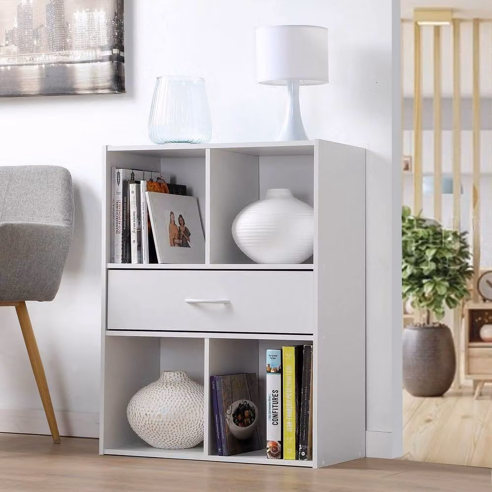 CALICOSY 4-Compartment Storage Shelf with Drawer, White, W/D/H: 62.0 x 29.5 x 80.0 cm – 2