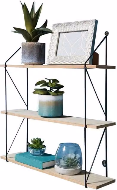 Kelvenix 3 Tier Wall Mounted Floating Shelves in Brown Metal and Wood – 1