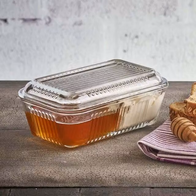 Queensway Home & Dining 2 Compartment Glass Butter Dish with Lid and Serving Tray, Transparent, 1.67kg