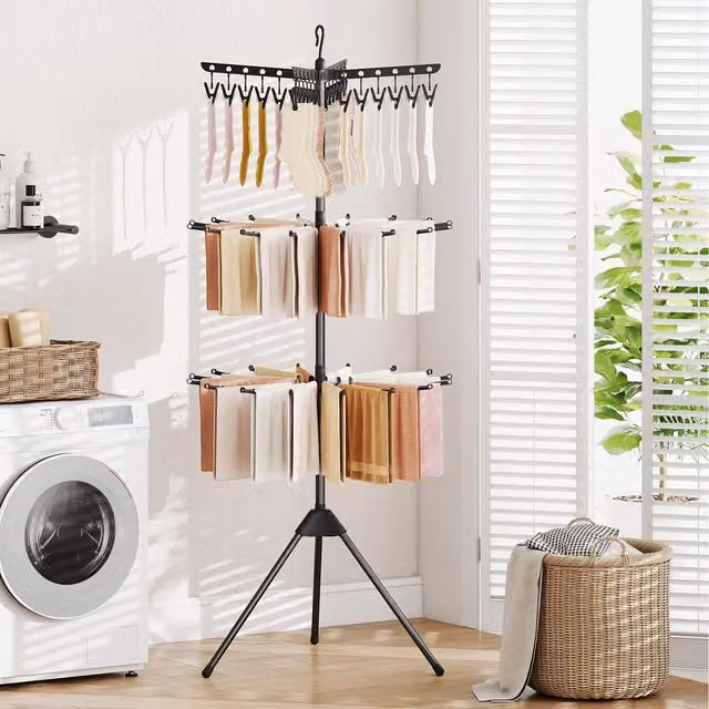 Costway 3-Tier Folding Metal Clothes Drying Rack with Hooks in Black