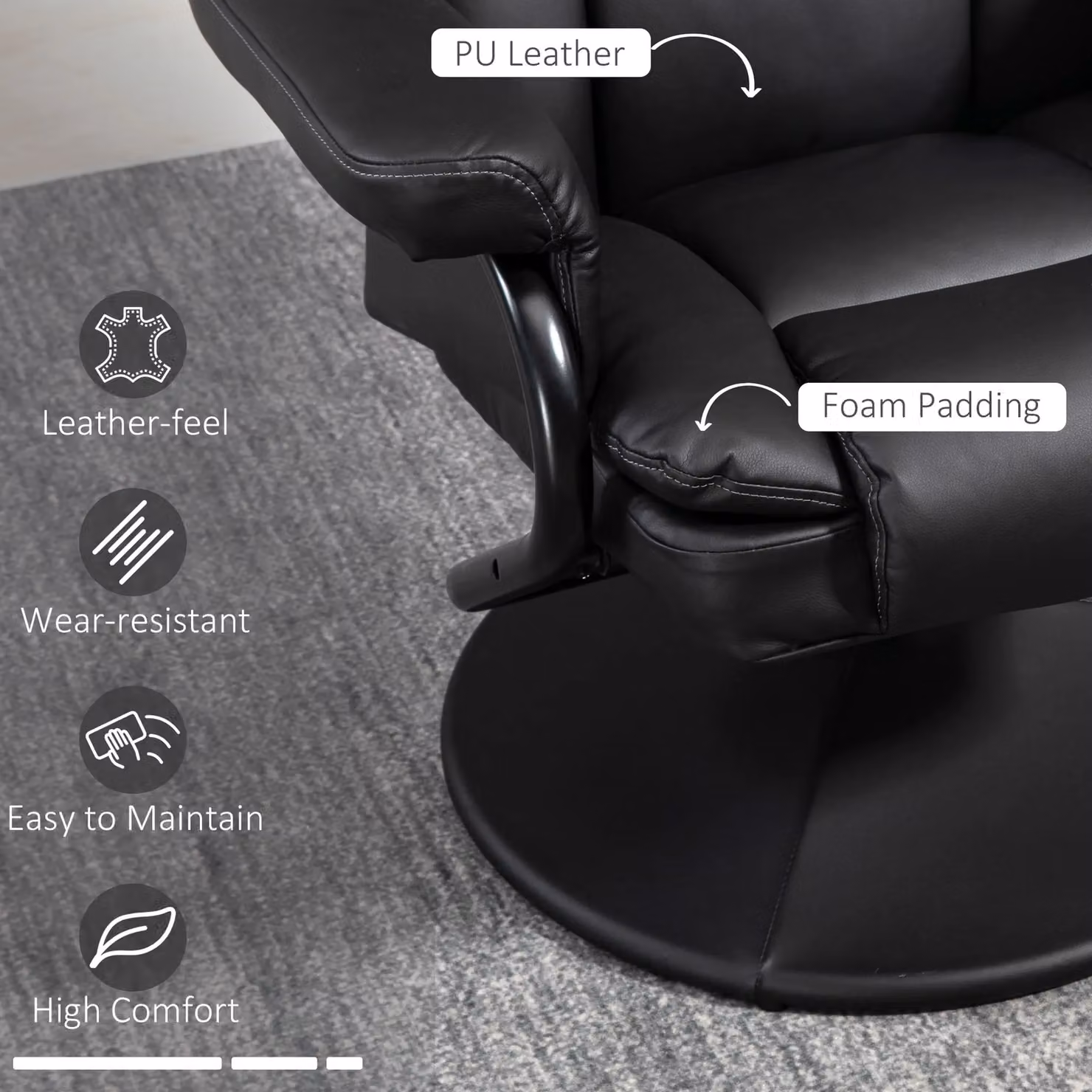 HOMCOM PU Leather Swivel Recliner Armchair with Ottoman, Black – 5