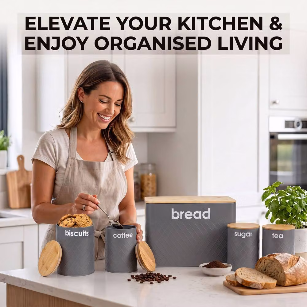 Crystals Grey 5 Piece Airtight Kitchen Storage Set with Bread Bin and Matching Geometric Canisters – 2