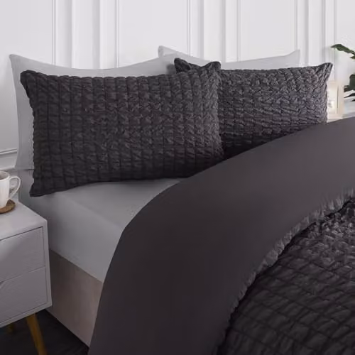 OHS Grey Seersucker Geometric Duvet Cover Set with Matching Pillowcases, W/D/H: 180 x 200 cm, Pillowcase: 50 x 75 cm – 2