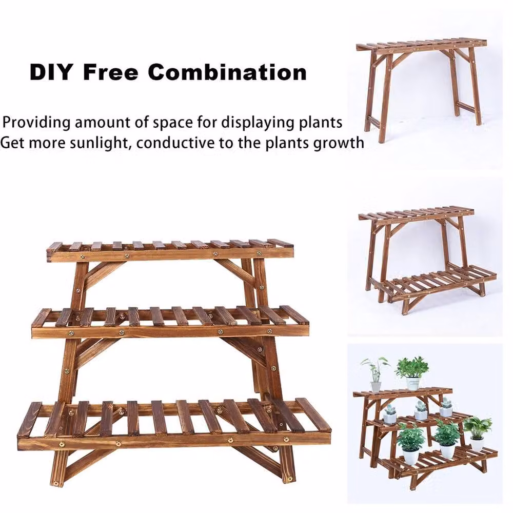 NESTLUNE 3 Tier Solid Pine Wood Ladder Plant Stand in Brown, W: 80 cm x H: 100 cm – 2