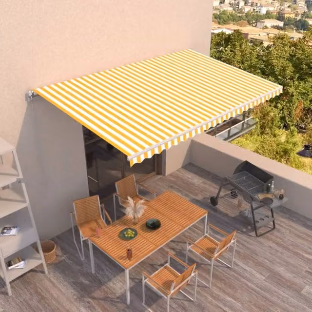 Berkfield Home Manual Retractable Folding Arm Awning in Yellow and White Striped Polyester with Aluminium Frame, W: 500 cm, D: 300 cm – 1