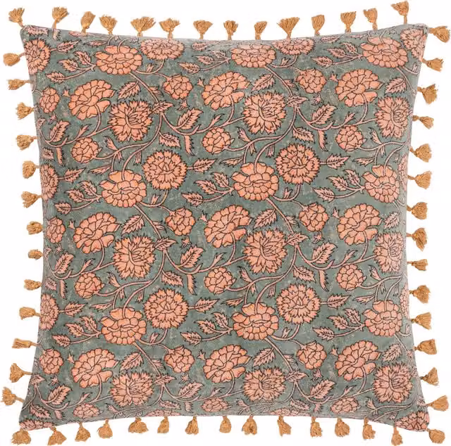 Paoletti 1973 Marisa Floral Cotton Velvet Cushion in Petrol Blue