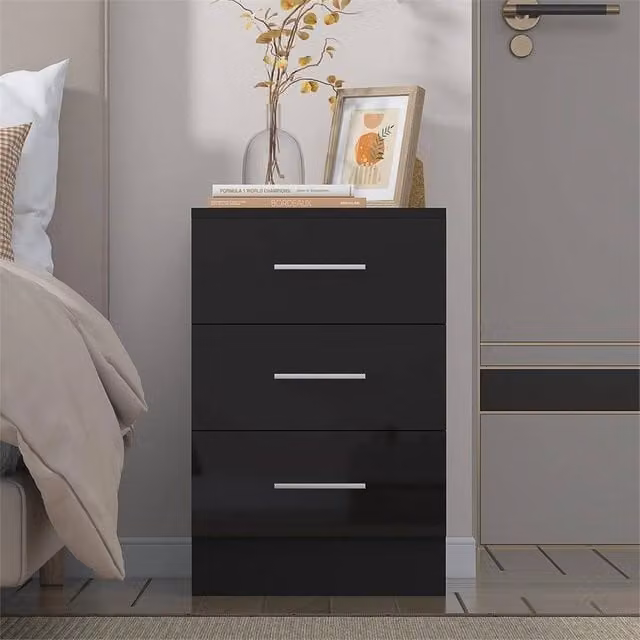 SPETLEK Glossy 3 Drawer Bedside Table in Black