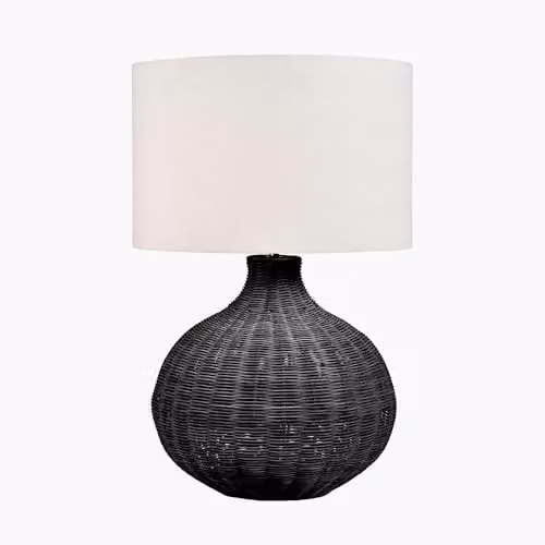 Pacific Lifestyle Black Rattan Table Lamp with White Fabric Shade, Height: 70 cm