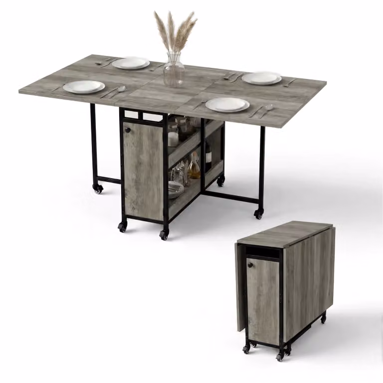 Stovra Grey and Black Industrial Drop-Leaf Folding Dining Table with Castors, W/D/H: 152 x 80 x 76 cm