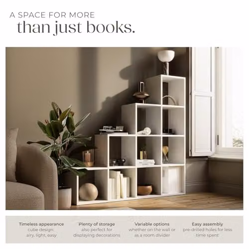 tectake Modern White Bookcase with 10 Tiered Open Cube Compartments, H 130 x W 130 x D 29 cm – 3