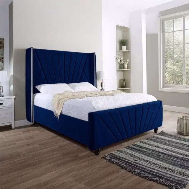 Desire Deco King David Modern Upholstered Velvet Bed in Blue, W/D/H: 140 x 200 cm