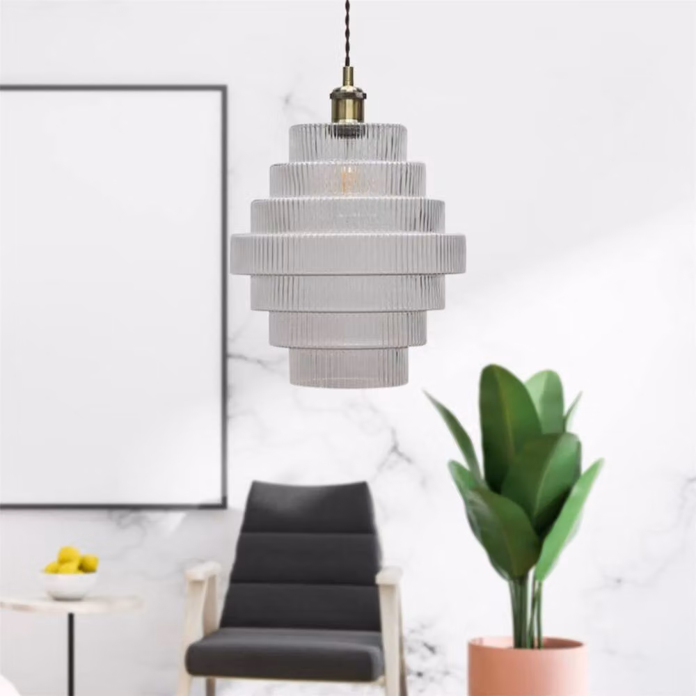 First Choice Lighting Benson Set of 2 7 Tier Ribbed Glass Easy Fit Pendant Lightshades in Transparent, Diameter: 30.5 cm, Height: 28 cm – 2