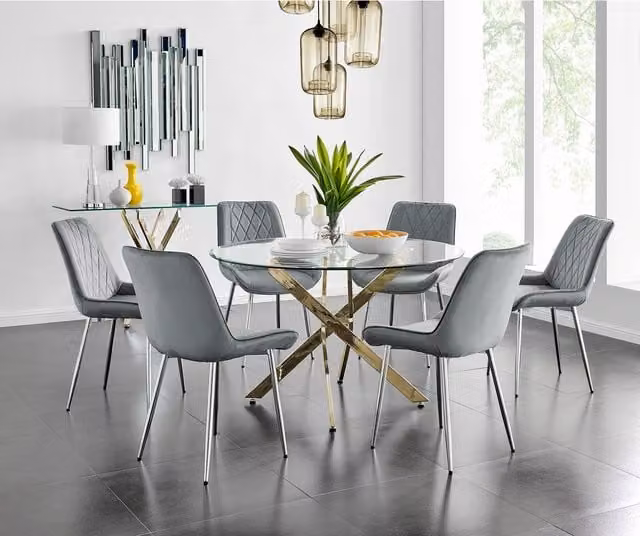 FurnitureboxUK Novara Gold Round Glass Dining Table and Six Pesaro Silver Leg Chairs in Grey