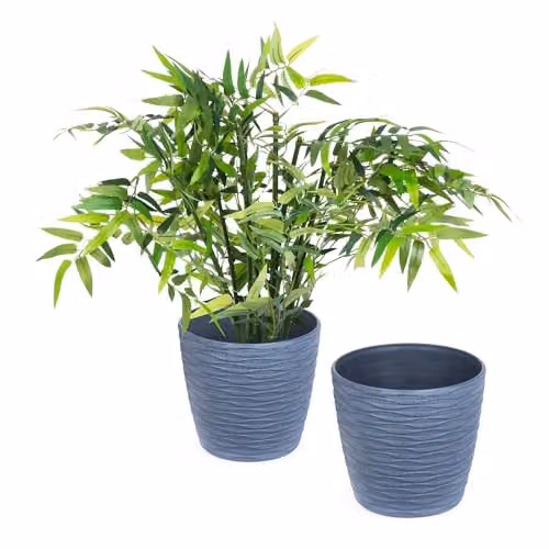 LIVIVO Set of 2 Grey Plastic Plant Pots with Wave Design and Drainage Hole, 18 cm Diameter – 9