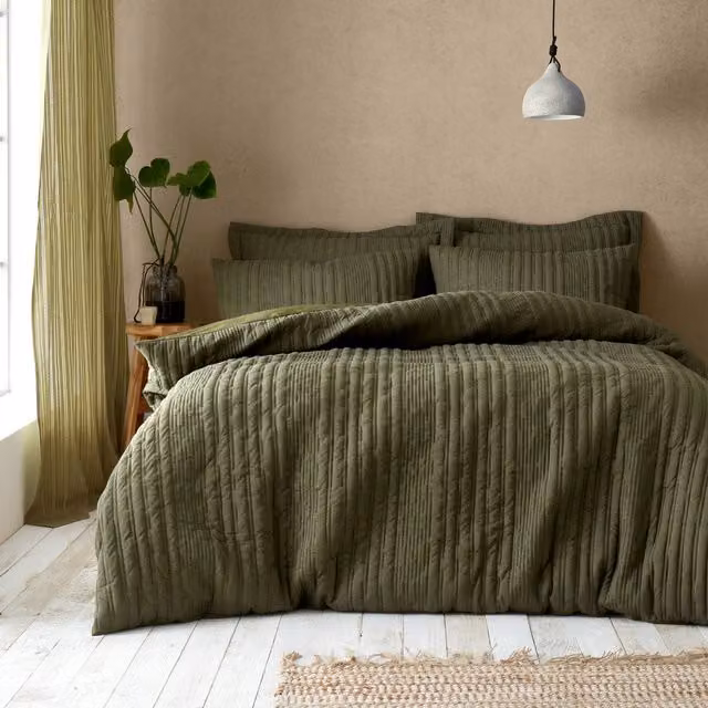 Pineapple Elephant Tamba Jersey Stripe Reversible Duvet Cover and Pillowcase Set, Olive Green, W/D/H: 135 x 200 cm – 1